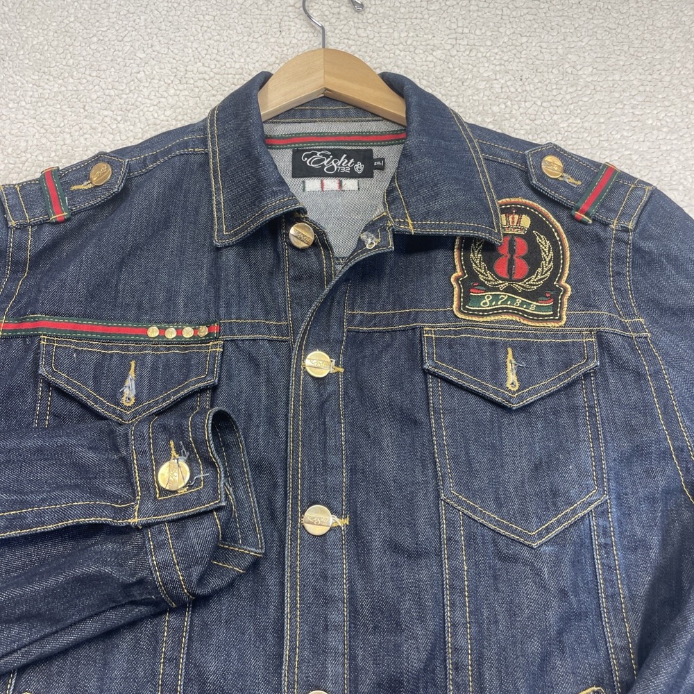 Eight 732 Denim Jacket Mens 2XL Blue Trucker Patch Crest Striped Urban Hip‎ Hop